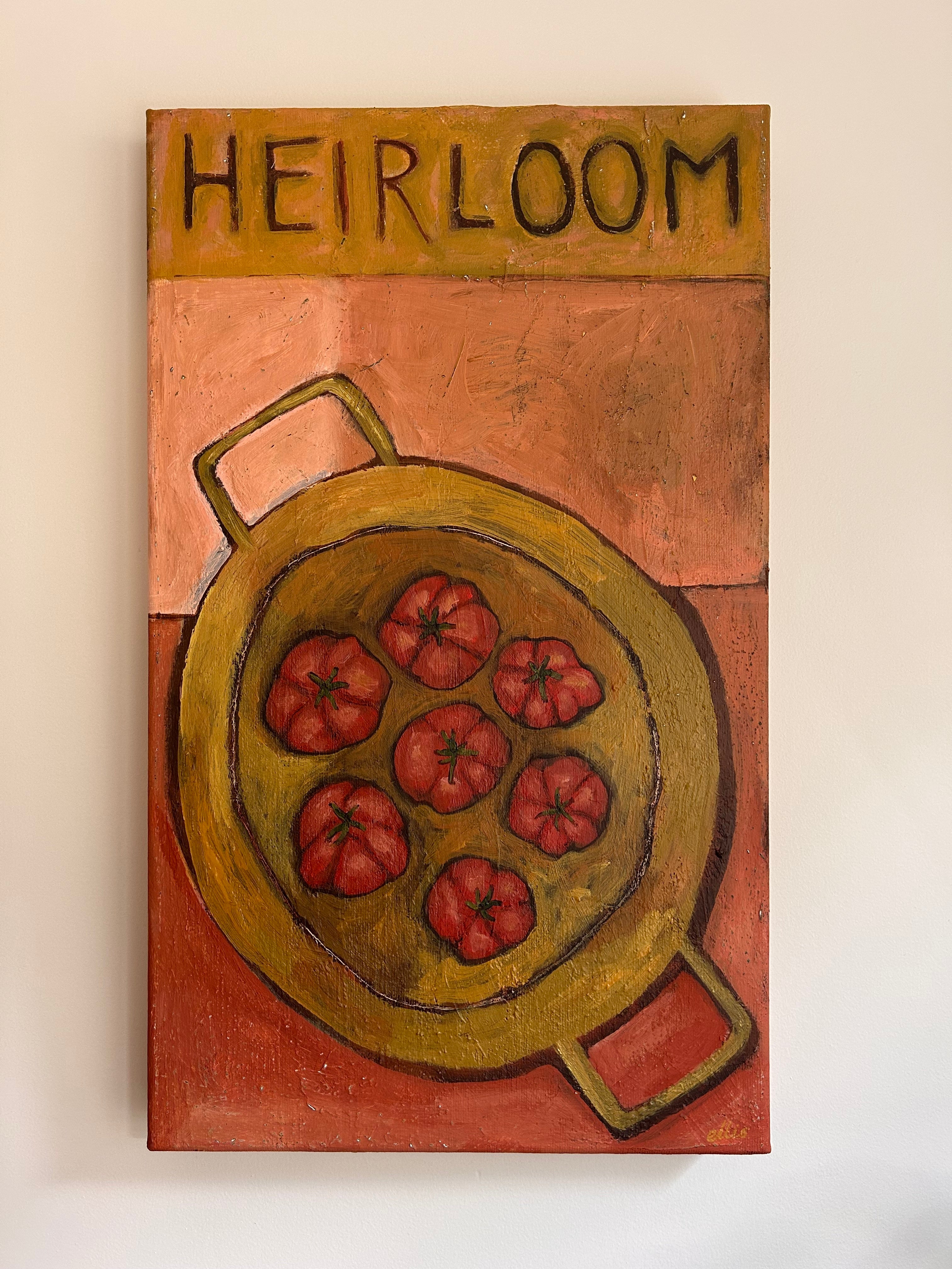 Artwork of pan of tomatoes and 'HEIRLOOM' text on a beige and red background.