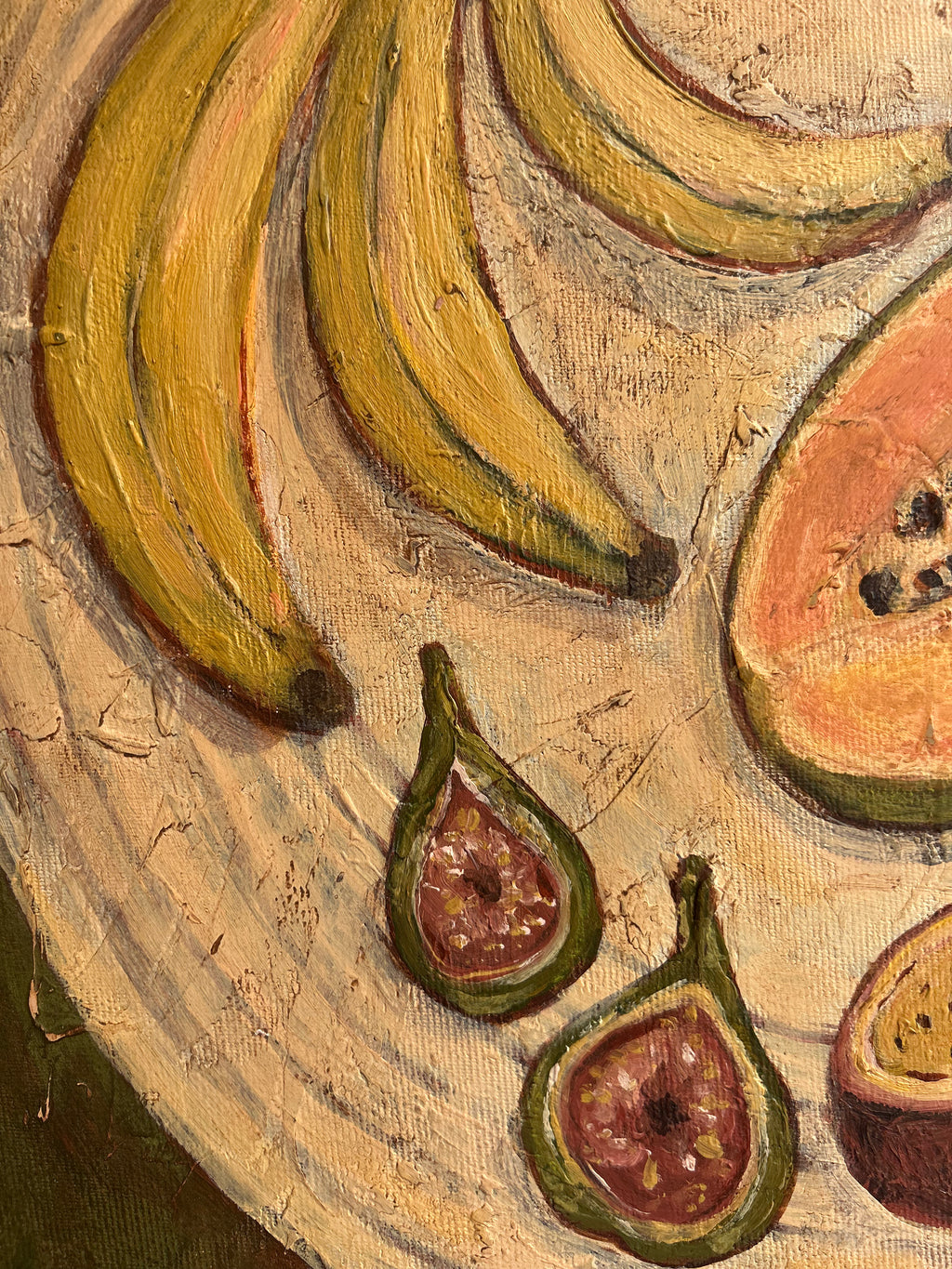 Artistic depiction of bananas and figs on a textured surface