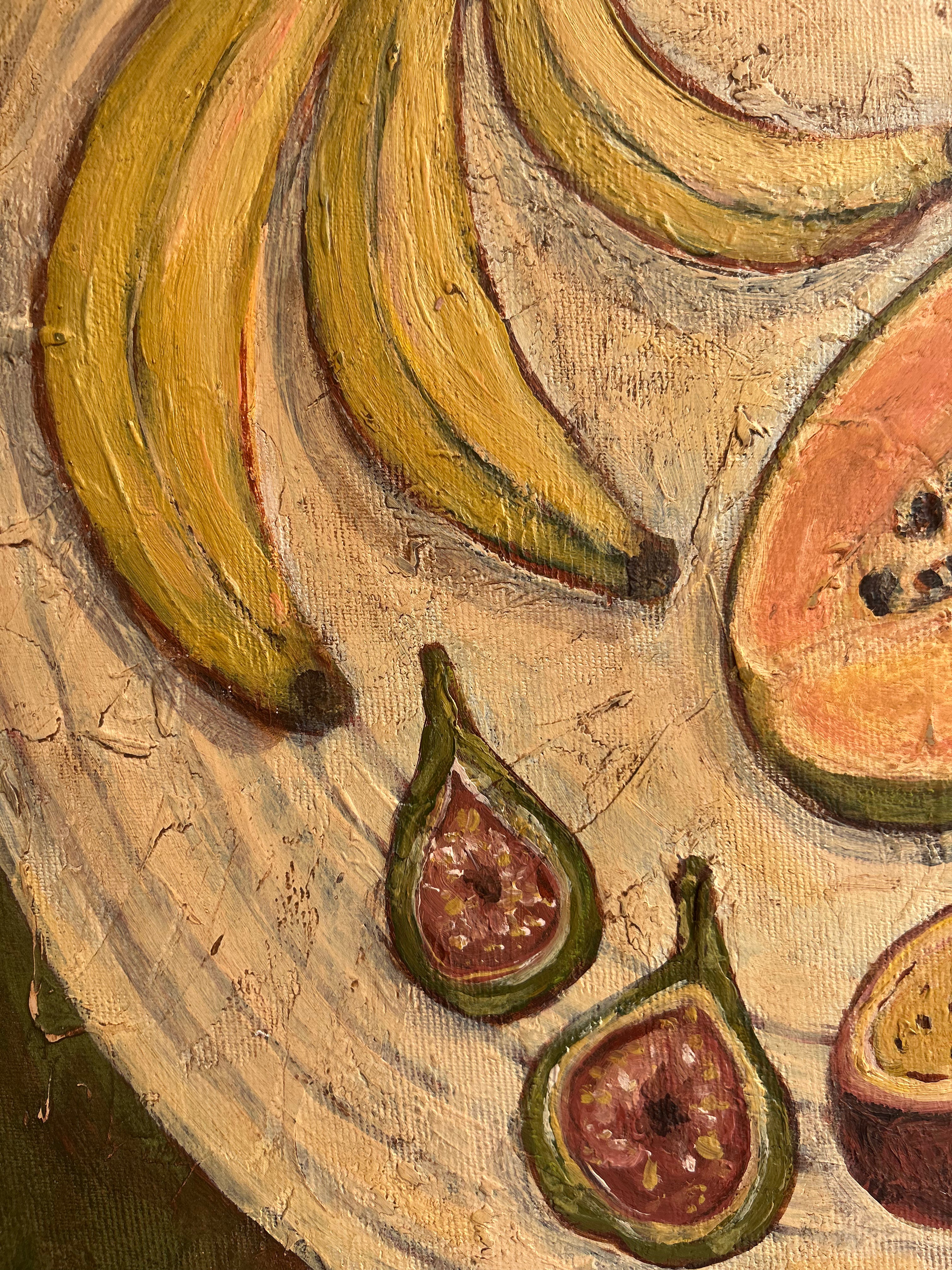 Artistic depiction of bananas and figs on a textured surface