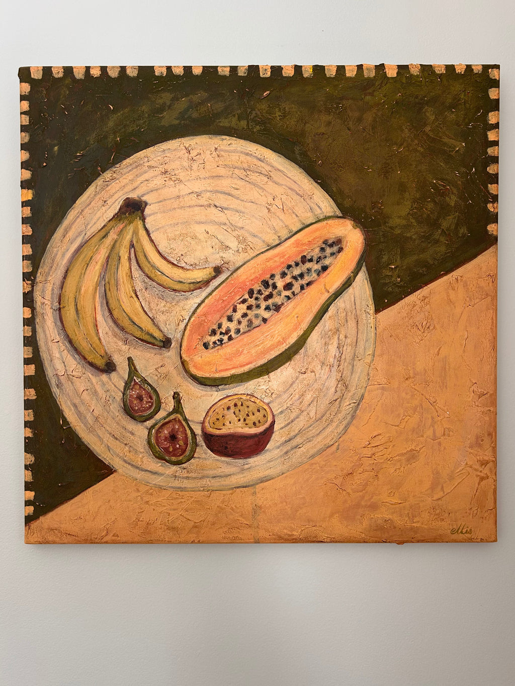 Painting of a round stone surface with a half-cut papaya, bananas, and figs on a textured green and peach background.