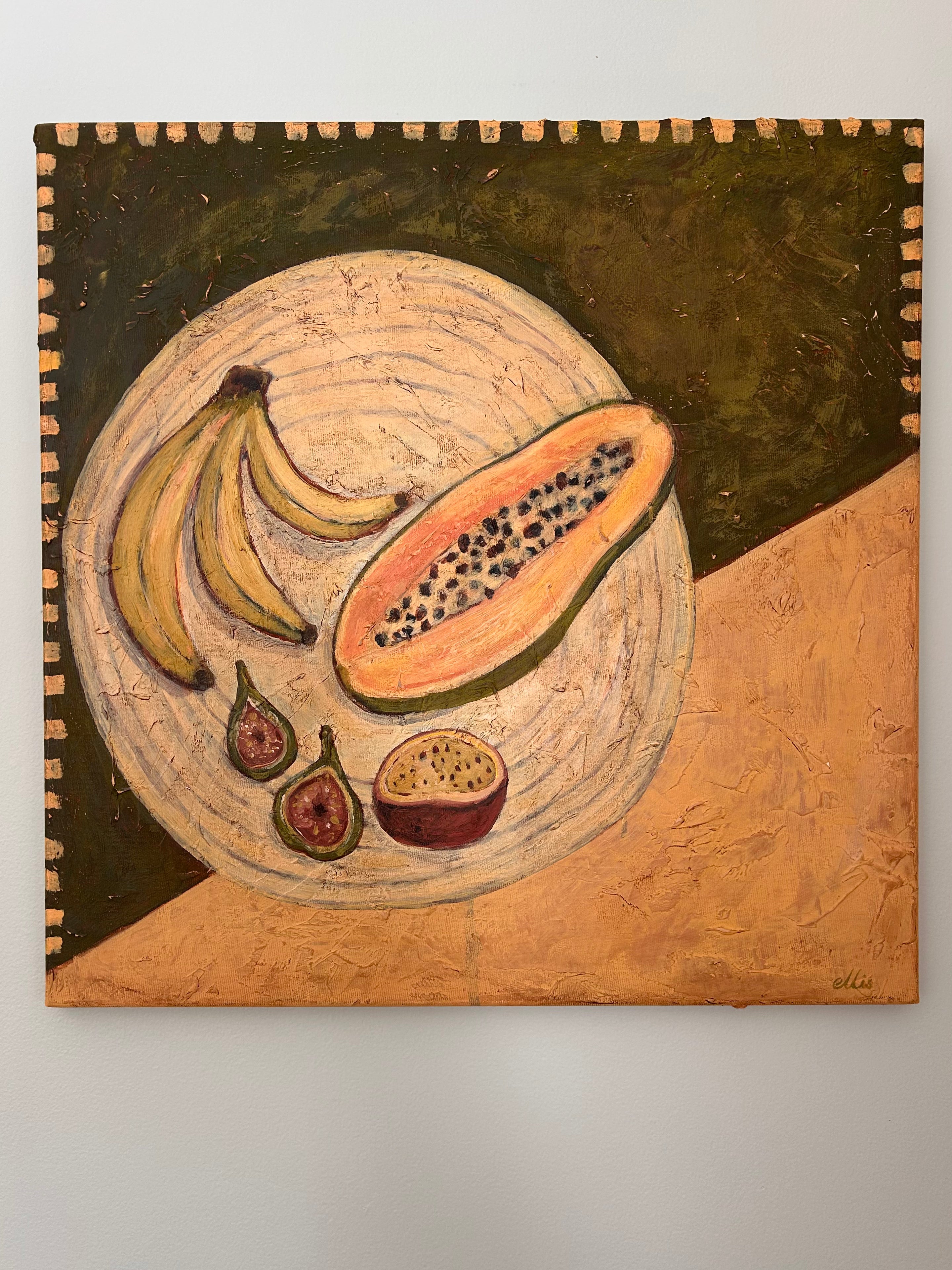 Painting of a round stone surface with a half-cut papaya, bananas, and figs on a textured green and peach background.